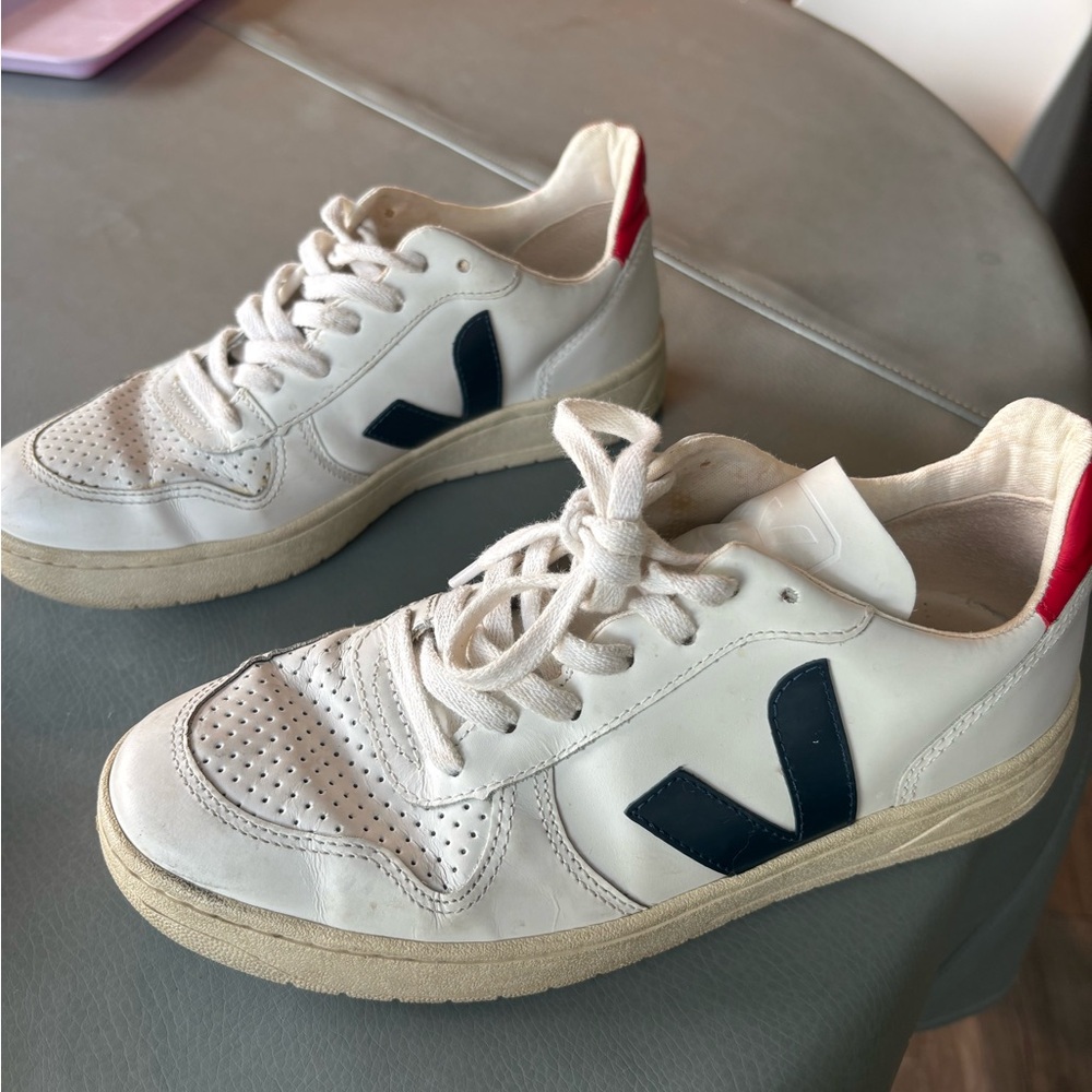 Women’s Veja White Sneakers with Black and Red Accents